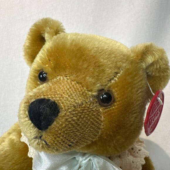 Schuco Jointed Teddy Bear Brown Purring Sound Hang Tag 11" W/ Bow Ruffle - Picture 4 of 7